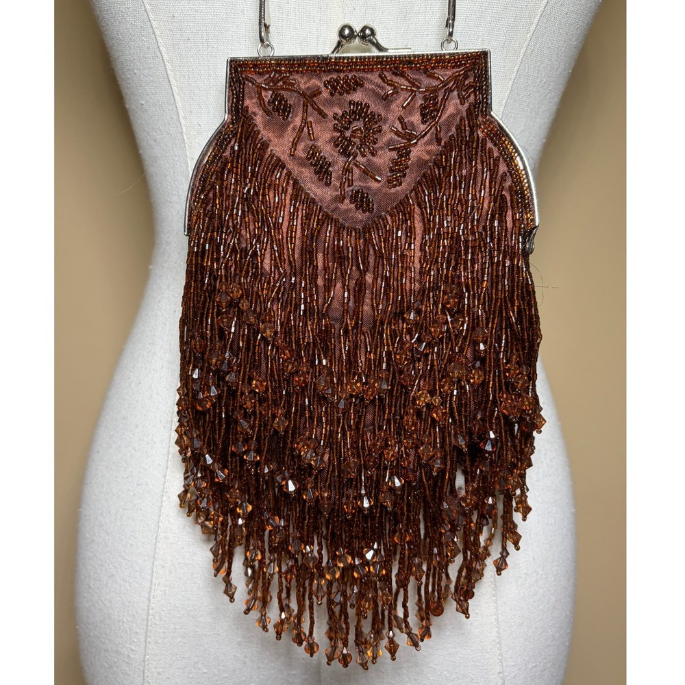Vintage Brown Beaded Fringe Crossbody Bag Women Small Excellent